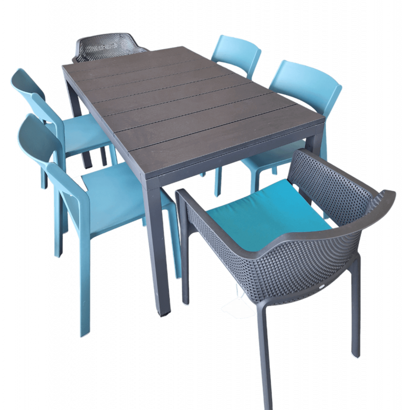 ENSEMBLE D'EXTÉRIEUR BLEU ET GRIS, CHAISES, FAUTEUILS TABLE ENSEMBLE D'EXTÉRIEUR BLEU ET GRIS, CHAISES, FAUTEUILS TABLE