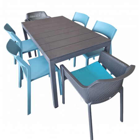 ENSEMBLE D'EXTÉRIEUR BLEU ET GRIS, CHAISES, FAUTEUILS TABLE