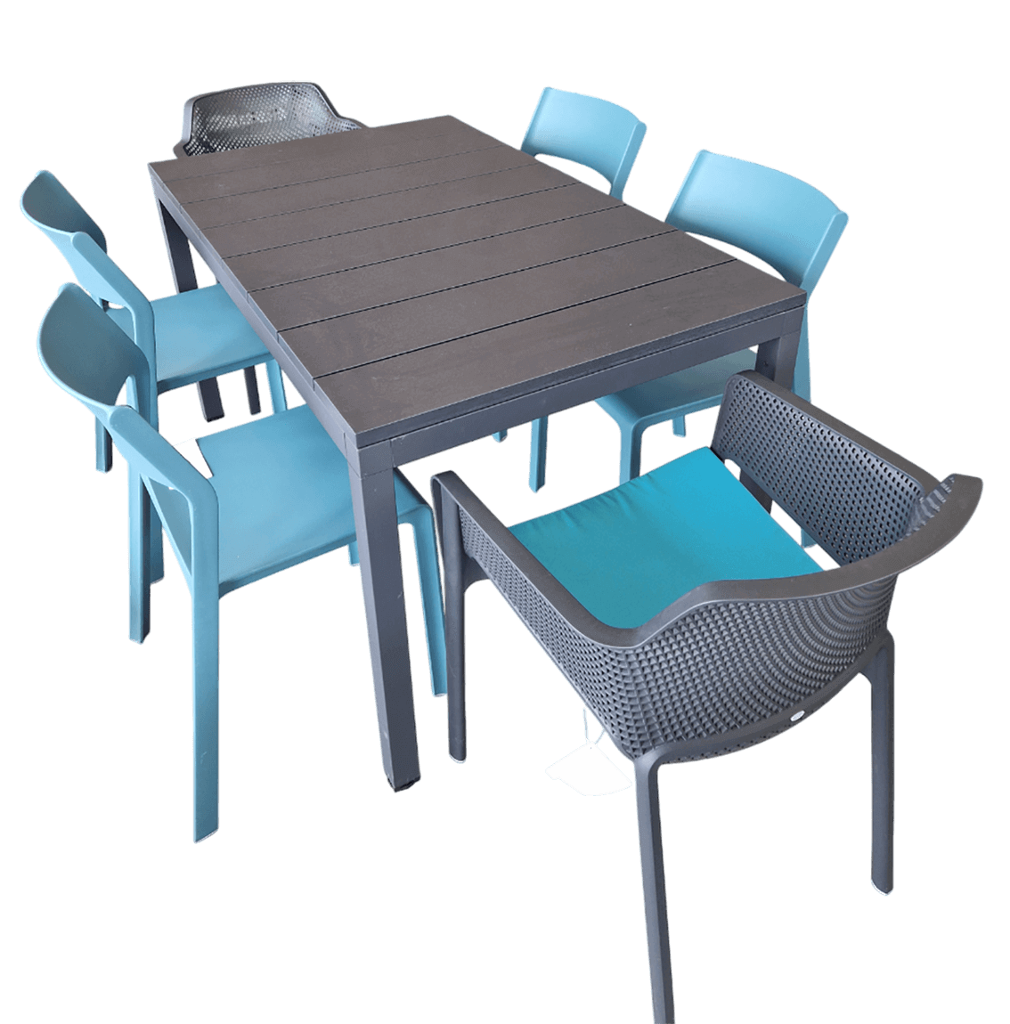 ENSEMBLE D'EXTÉRIEUR BLEU ET GRIS, CHAISES, FAUTEUILS TABLE