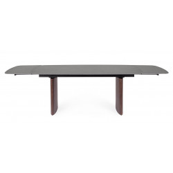 TABLE EN CÉRAMIQUE EXTENSIBLE TRAVERTIN ET PIEDS NOYER MAILIS