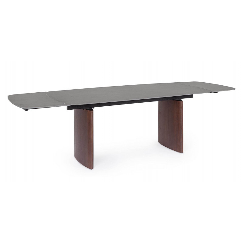 TABLE EN CÉRAMIQUE EXTENSIBLE TRAVERTIN ET PIEDS NOYER MAILIS