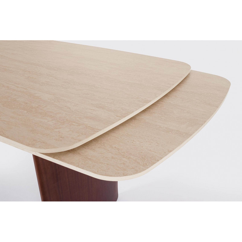 TABLE EN CÉRAMIQUE EXTENSIBLE TRAVERTIN ET PIEDS NOYER MAILIS