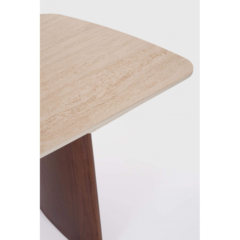 TABLE EN CÉRAMIQUE EXTENSIBLE TRAVERTIN ET PIEDS NOYER MAILIS