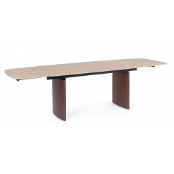 TABLE EN CÉRAMIQUE EXTENSIBLE TRAVERTIN ET PIEDS NOYER MAILIS