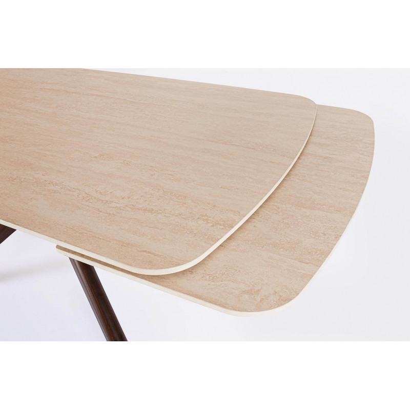 TABLE EN CÉRAMIQUE travertin EXTENSIBLE PIEDS NOYER MARITTA