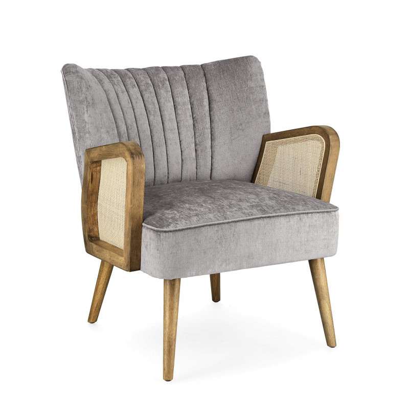 PETIT FAUTEUIL DÉCO VELOURS ET CANNAGE VIRNA GRIS