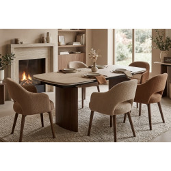 TABLE EN CÉRAMIQUE EXTENSIBLE TRAVERTIN ET PIEDS NOYER MAILIS