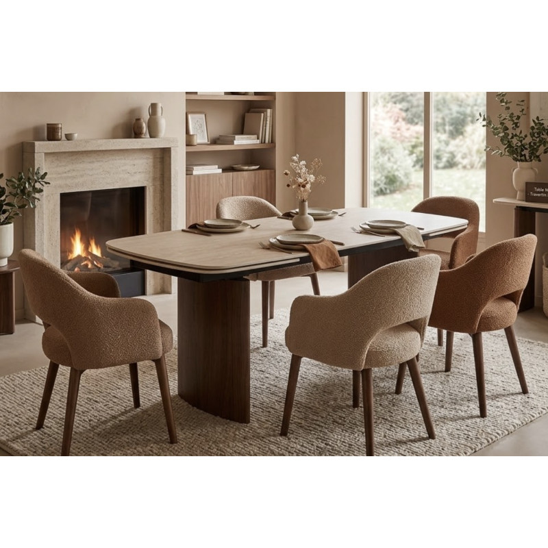 TABLE EN CÉRAMIQUE EXTENSIBLE TRAVERTIN ET PIEDS NOYER MAILIS