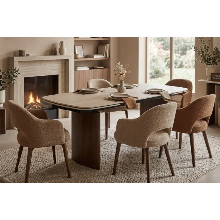 TABLE EN CÉRAMIQUE EXTENSIBLE TRAVERTIN ET PIEDS NOYER MAILIS